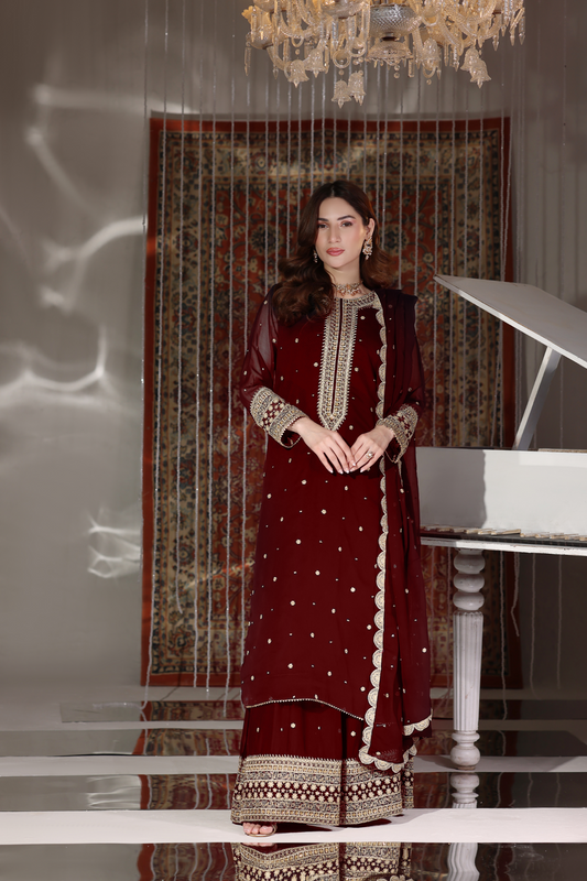Maroon Embroidered PK Chiffon Pakistani Suit Online in Dubai UAE Abudhabi Ajman Sharjah