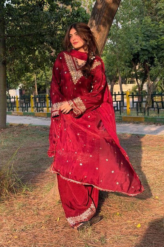 Maroon Embroidered Raw Silk Farshi Shalwar Suit Online in Dubai UAE Abudhabi Ajman Sharjah
