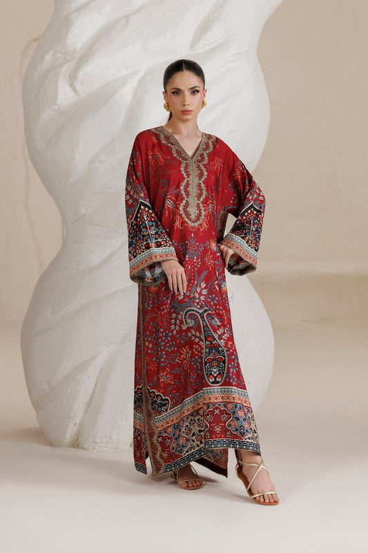 Maroon Embroidered Raw Silk Kaftan Gown Online in Dubai UAE Abudhabi Ajman Sharjah
