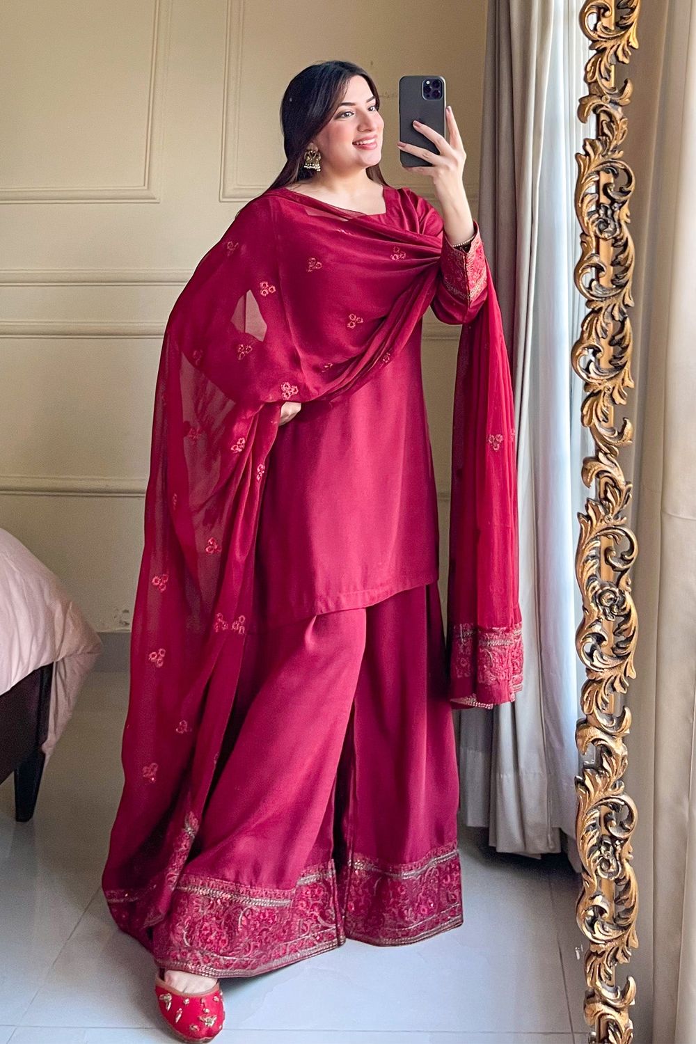 Maroon Embroidered Raw Silk Partywear Suit Online in Dubai UAE Abudhabi Ajman Sharjah