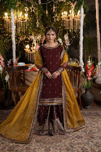 Maroon Embroidered Raw Silk Sharara Suit Online in Dubai UAE Abudhabi Ajman Sharjah