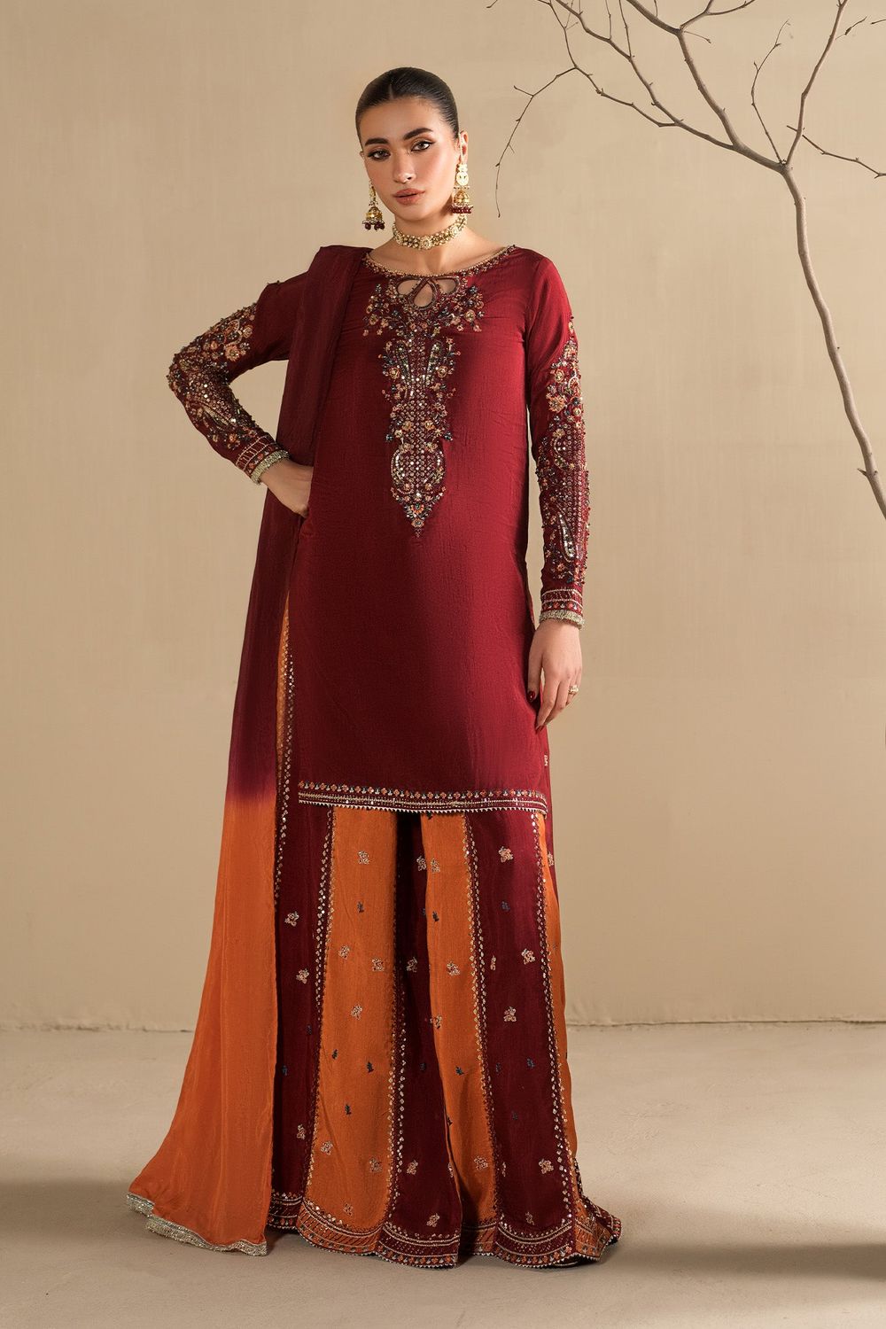 Maroon Embroidered Raw Silk Sharara Suit Online in Dubai UAE Abudhabi Ajman Sharjah