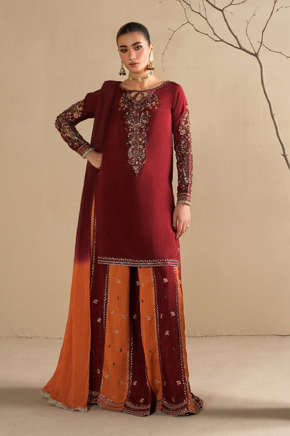 Maroon Embroidered Raw Silk Sharara Suit Online in Dubai UAE Abudhabi Ajman Sharjah