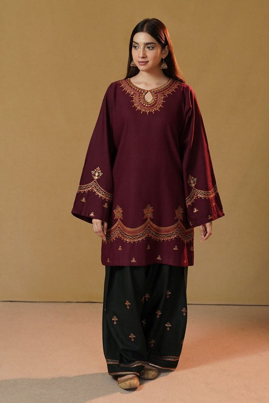Maroon Embroidered Slub Khaddar Kurta Set Online in Dubai UAE Abudhabi Ajman Sharjah