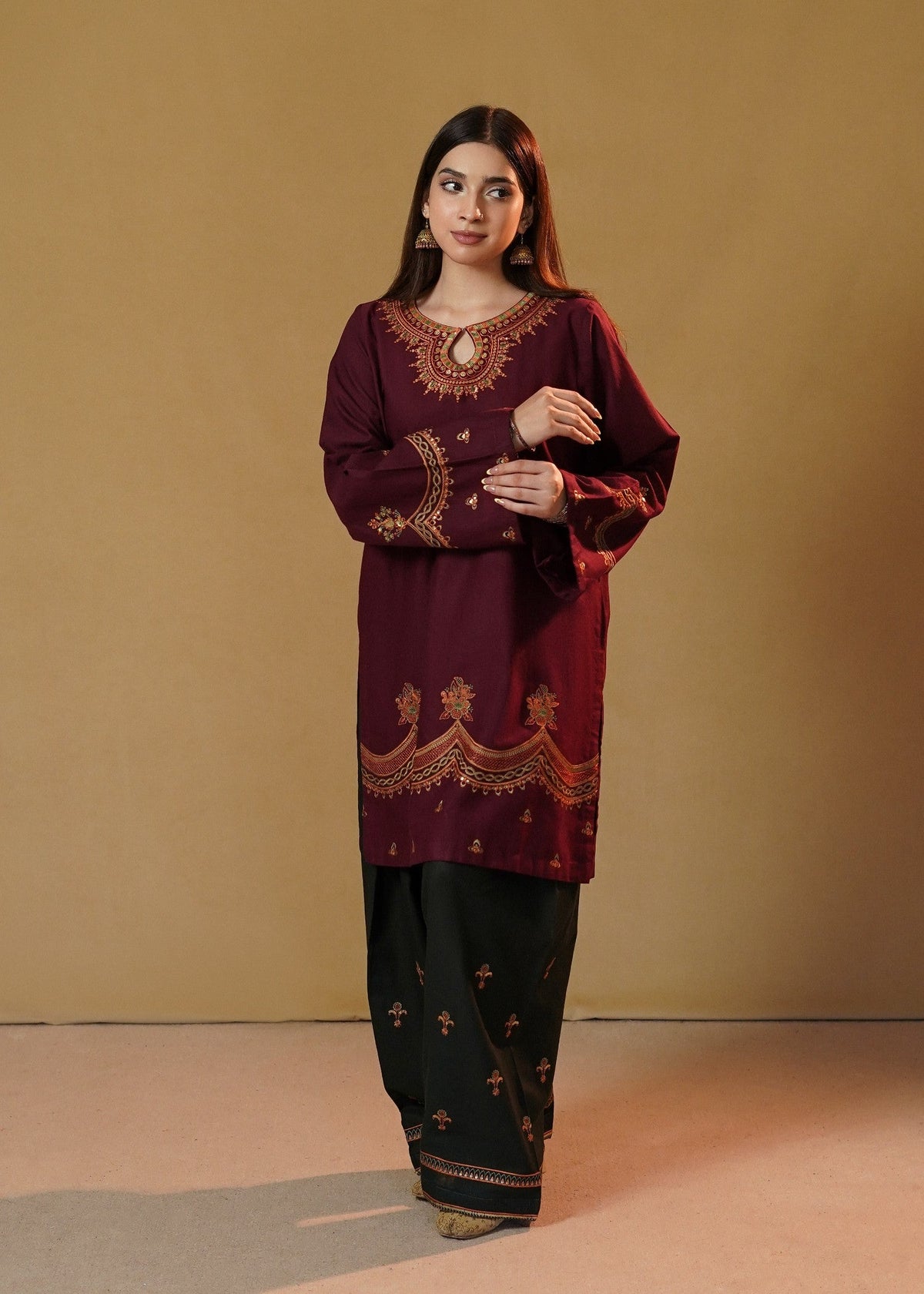 Maroon Embroidered Slub Khaddar Kurta Set Online in Dubai UAE Abudhabi Ajman Sharjah