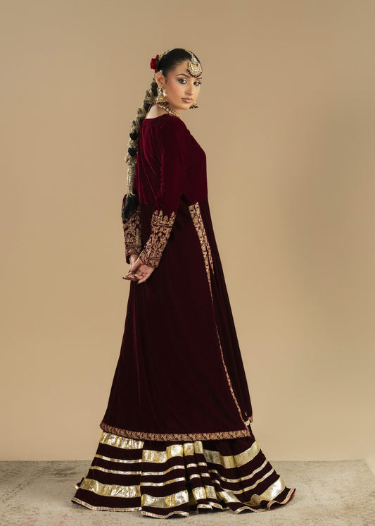 Maroon Embroidered Velvet Lehenga Choli Online in Dubai DXB UAE Abudhabi Meena Bazaar