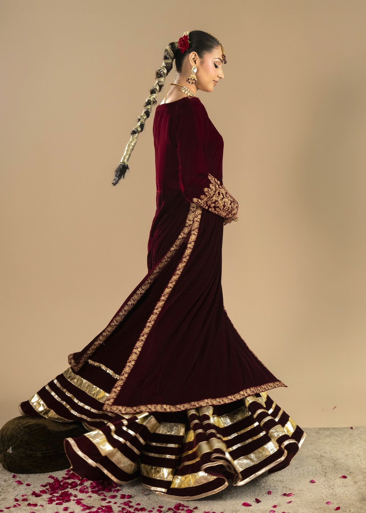 Maroon Embroidered Velvet Lehenga Choli Online in Sri Lanka India Australia