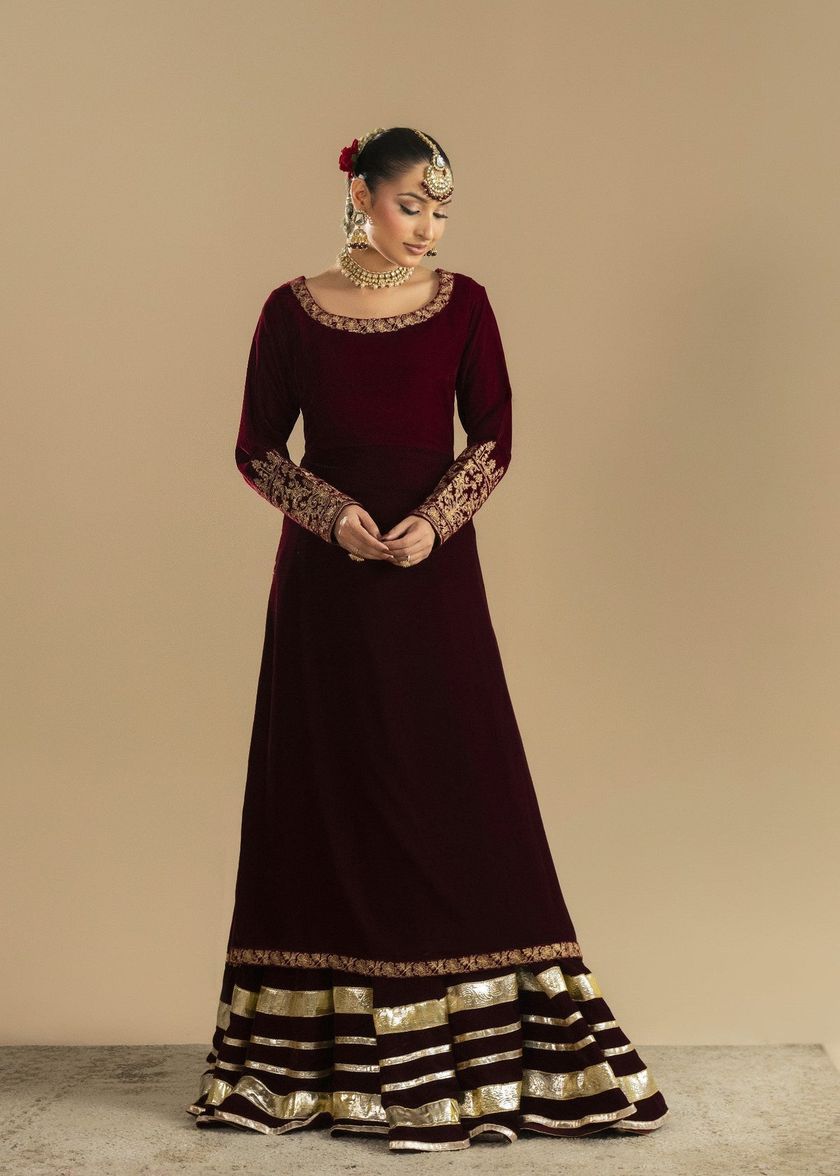 Maroon Embroidered Velvet Lehenga Choli Online in UK USA Canada