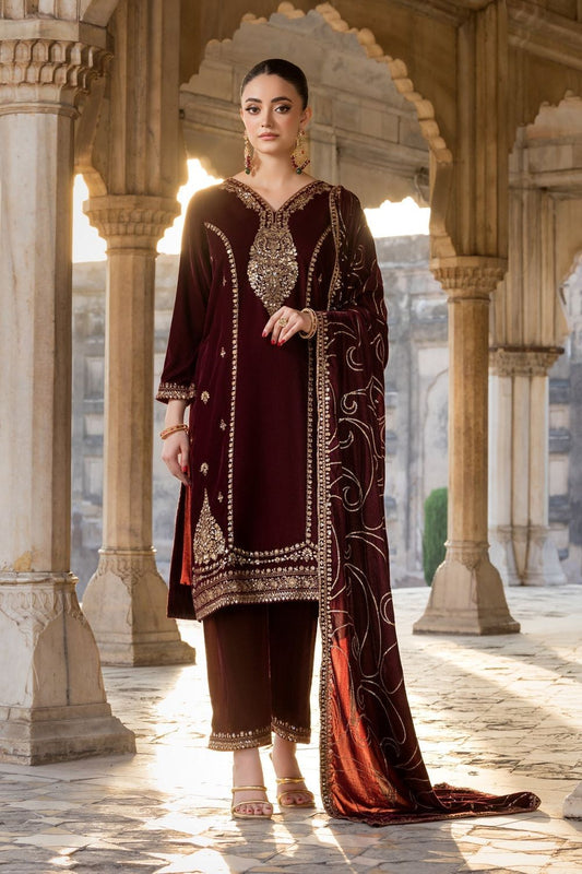 Maroon Embroidered Velvet Pakistani Suit Online in Dubai UAE Abudhabi Ajman Sharjah