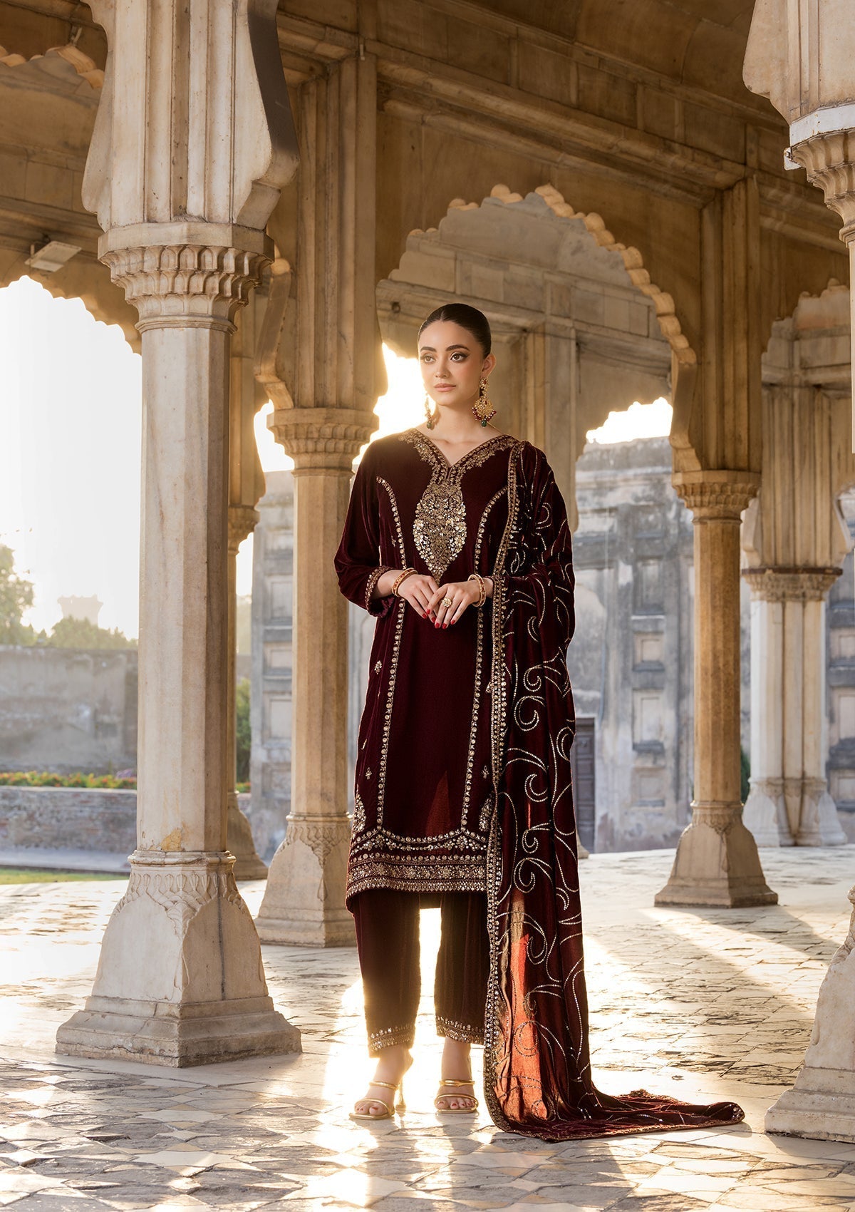 Maroon Embroidered Velvet Shalwar Kameez Online in Dubai DXB UAE Abudhabi Meena Bazaar