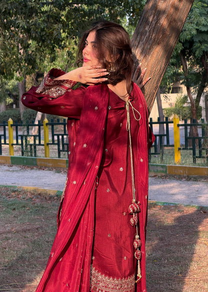 Maroon Farshi Shalwar with Silk Dupatta Online in Dubai DXB UAE Abudhabi Meena Bazaar