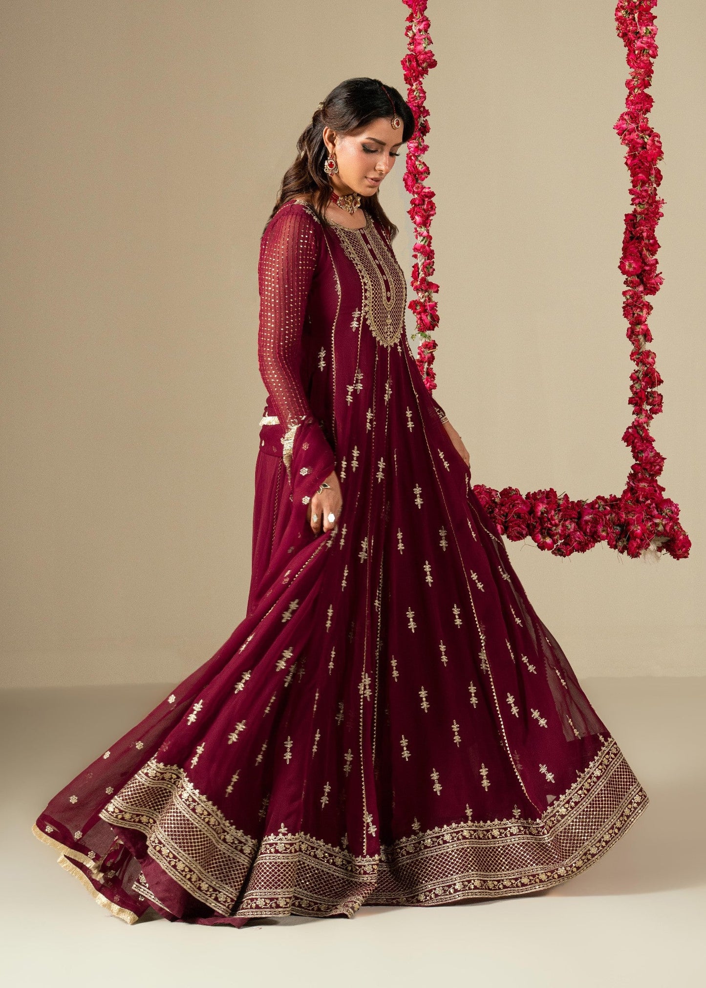 Maroon Festive Wear Chiffon Pishwas Online in Sri Lanka India Australia