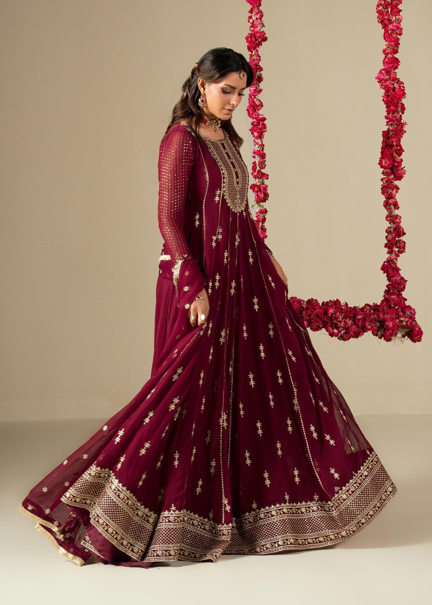 Maroon Festive Wear Chiffon Pishwas Online in Sri Lanka India Australia