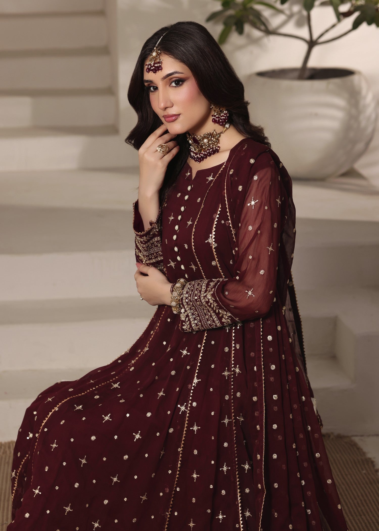 Maroon Festive Wear Embroidered Chiffon Suit Online in Dubai UAE Abudhabi Ajman Sharjah