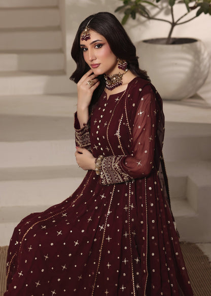 Maroon Festive Wear Embroidered Chiffon Suit Online in Dubai UAE Abudhabi Ajman Sharjah