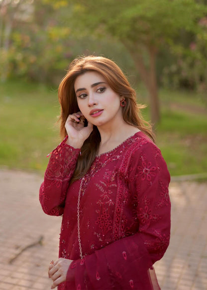 Maroon Festive Wear Organza Suit Online in KSA Riyadh Saudi Arabia Oman Bahrain Qatar