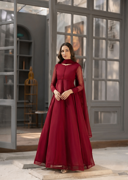 Maroon Flared Maxi Chiffon Suit Online in KSA Riyadh Saudi Arabia Oman Bahrain Qatar