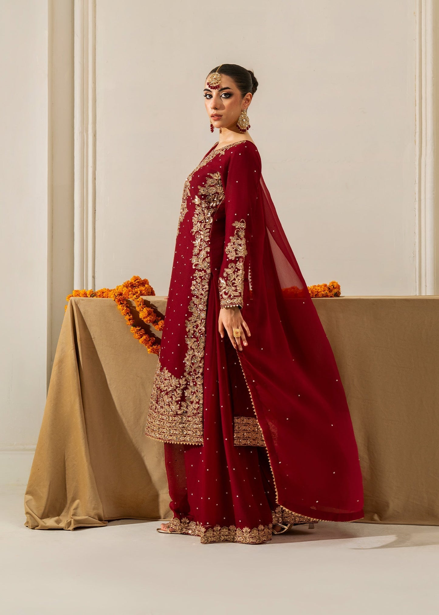 Maroon Flared Sharara Chiffon Pakistani Suit Online in Dubai UAE Abudhabi Ajman Sharjah