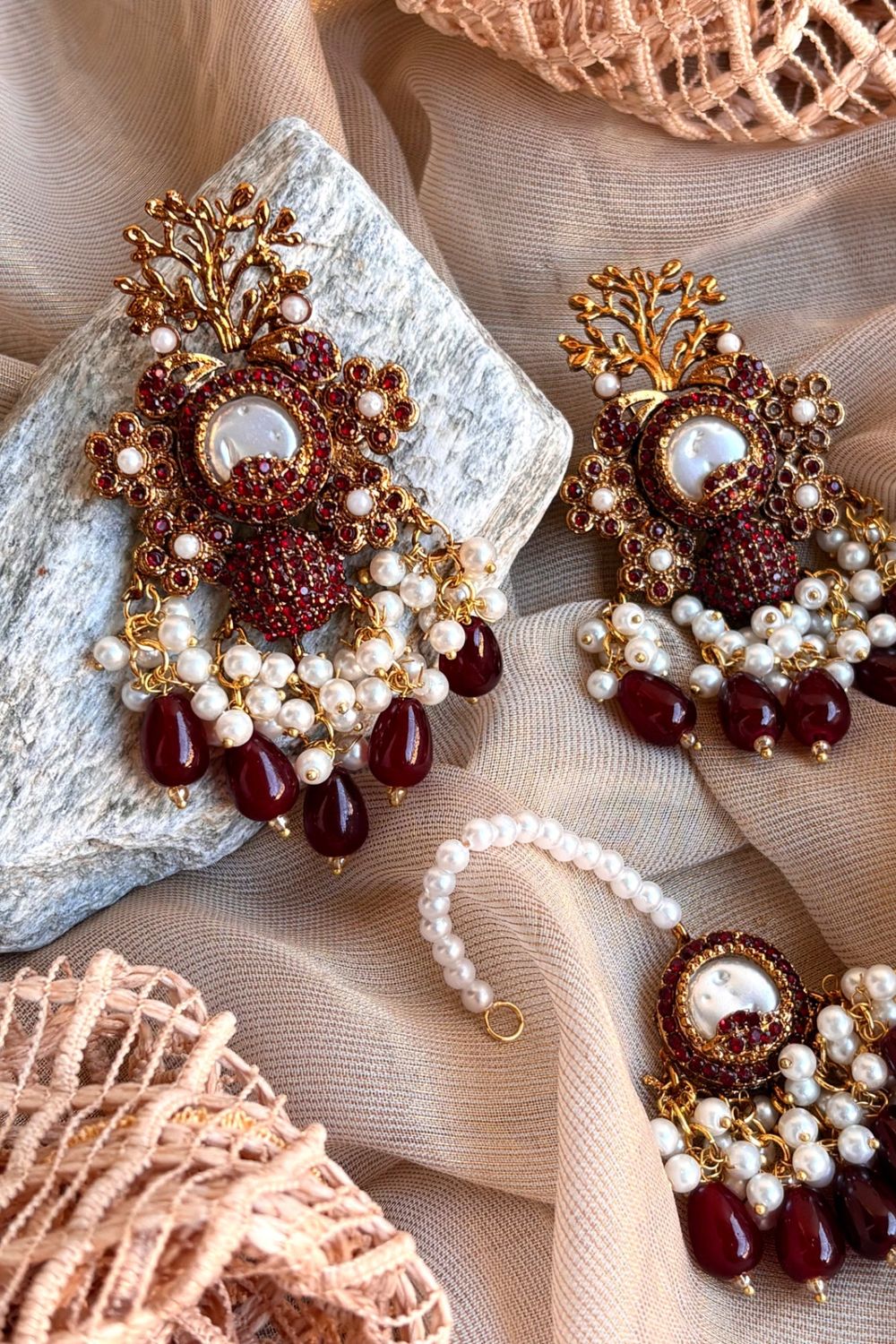 Maroon Gold Plated Bridal Earrings and Tikka Set Online in Dubai UAE Abudhabi Ajman Sharjah