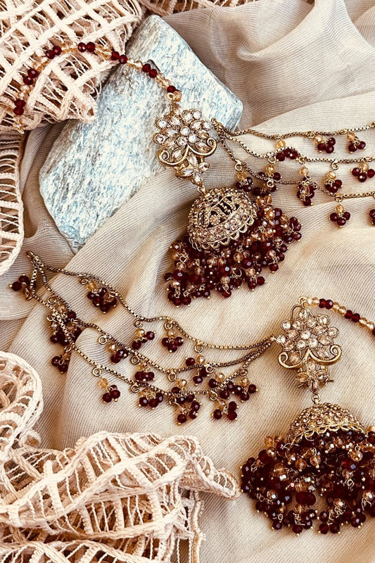 Maroon Gold Plated Jhumka Earrings Tikka Set Online in Dubai UAE Abudhabi Ajman Sharjah