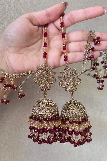 Maroon Gold Plated Jhumki Tika Set Online in Dubai UAE Abudhabi Ajman Sharjah