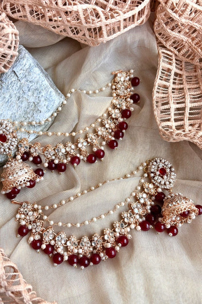 Maroon Gold Plated Twin Dangler Jhumka Earrings Online in Dubai UAE Abudhabi Ajman Sharjah