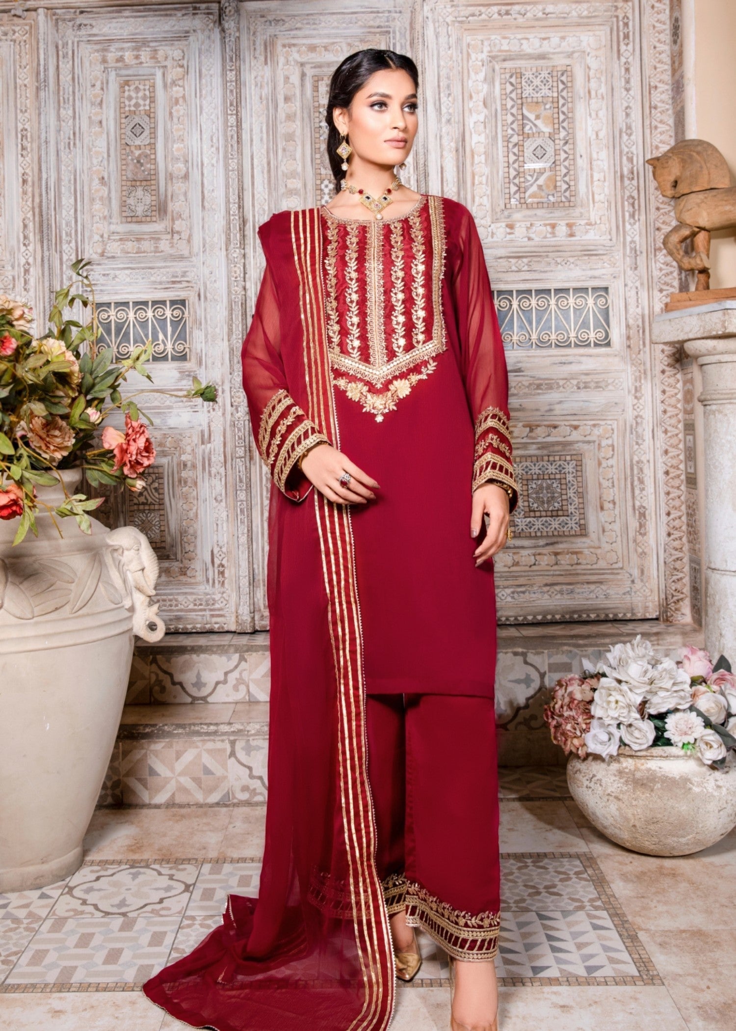 Maroon Golden Embroidered Chiffon Kurta Online in Dubai UAE Abudhabi Ajman Sharjah