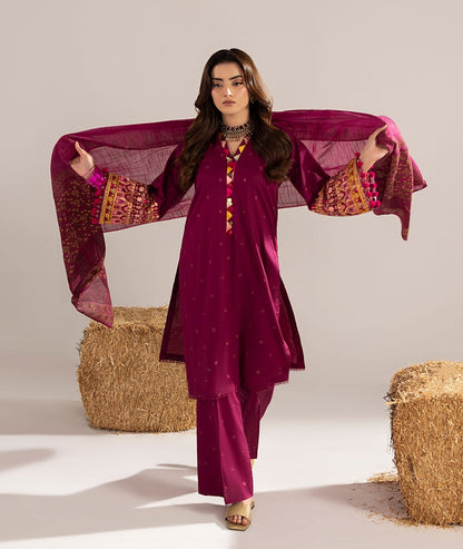 Maroon Hand Embroidered Cotton Suit with Potli Online in Sri Lanka India Australia