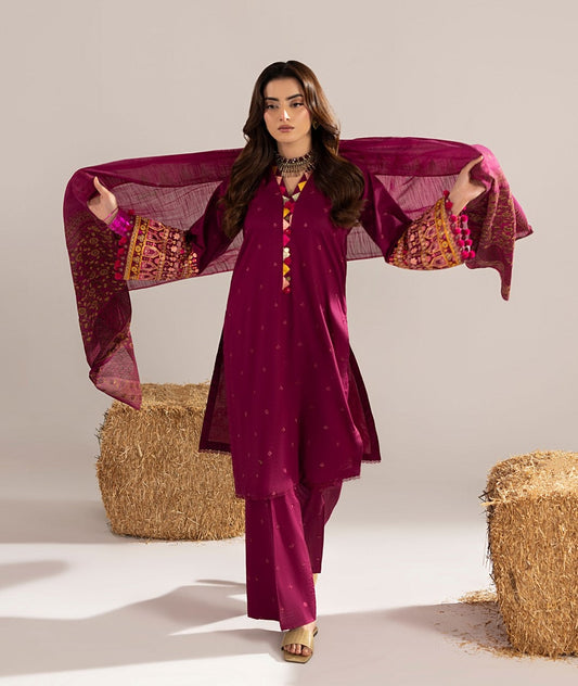 Maroon Hand Embroidered Cotton Suit with Potli Online in Sri Lanka India Australia
