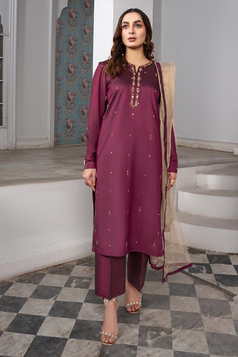 Maroon Hand Embroidered Kattan Silk Salwar Kameez Online in Dubai UAE Abudhabi Ajman Sharjah