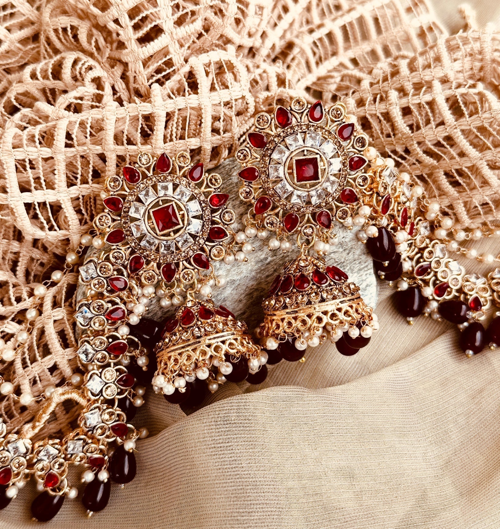 Maroon Jhumki Stone Work Earrings Online in UK USA Canada