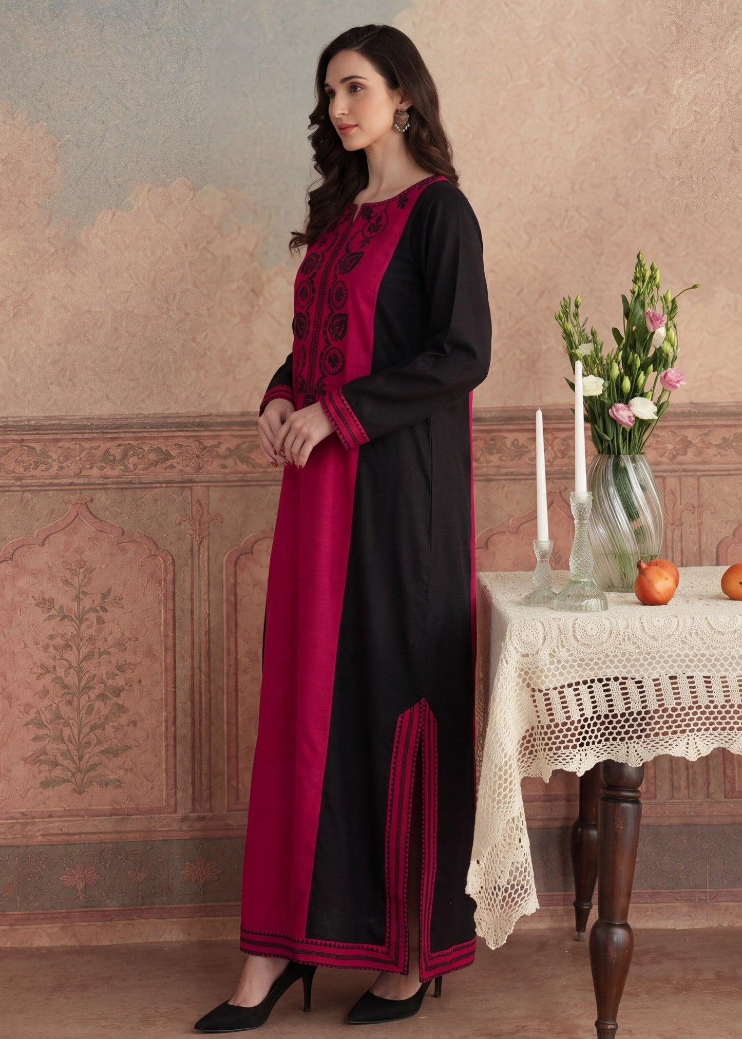 Maroon Khaddar Kaftan Embroidered Online in Sri Lanka India Australia