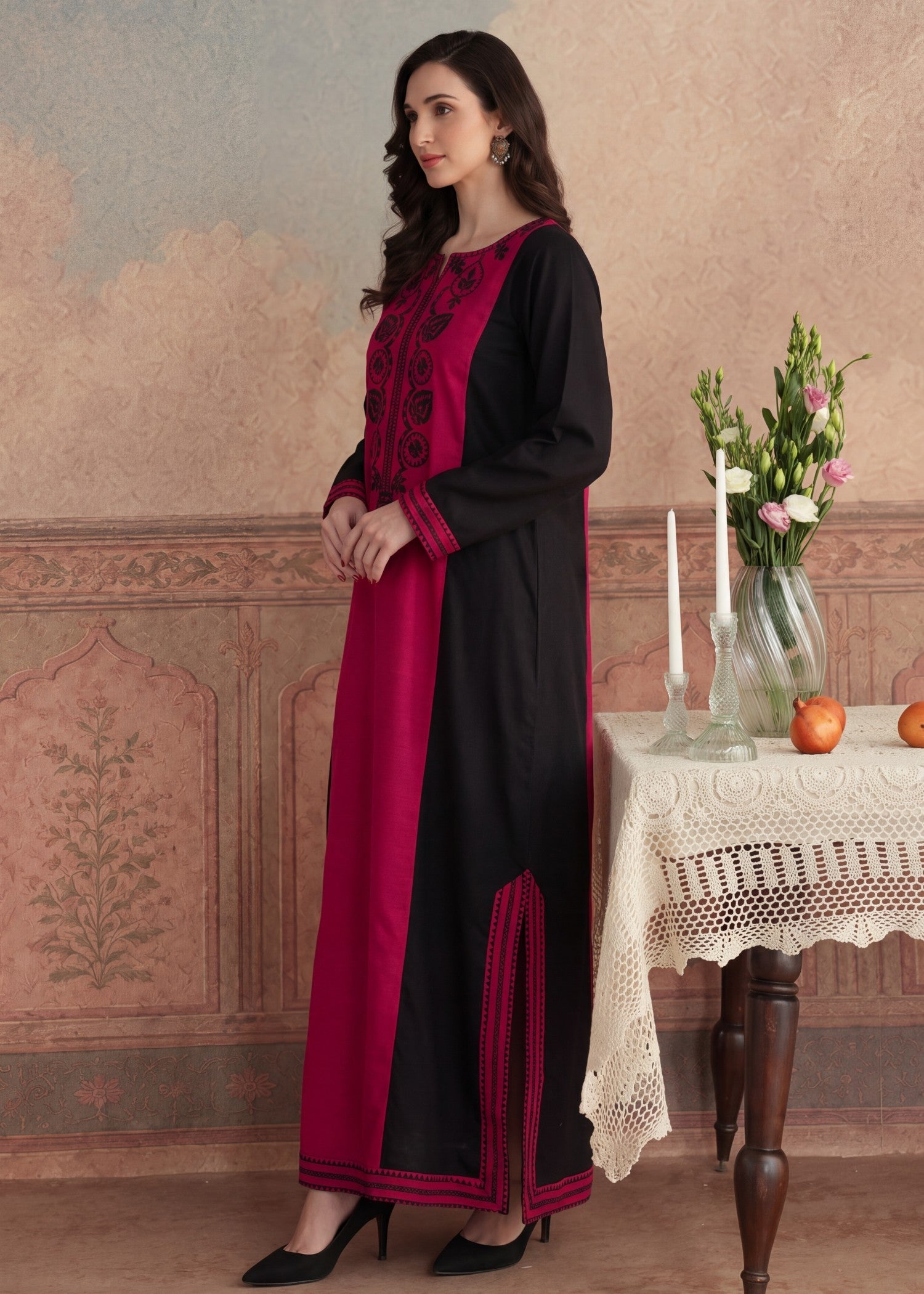 Maroon Khaddar Kaftan Embroidered Online in Sri Lanka India Australia