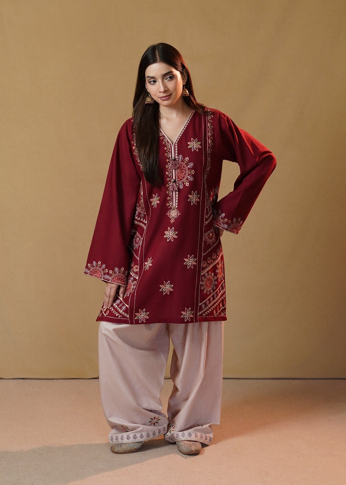 Maroon Khaddar Slub Khaddar Kurta Set for Ladies Online in UK USA Canada