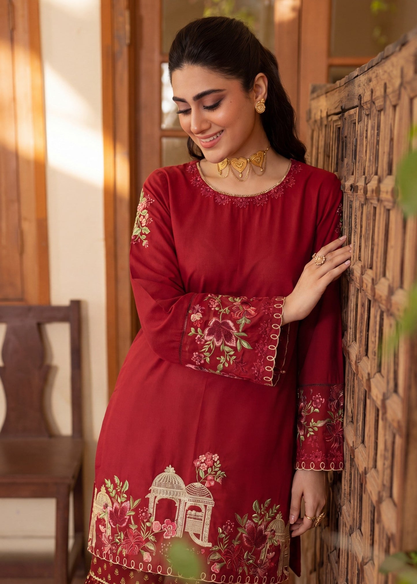 Maroon Lawn Kurti with Flared Gharara Online in Dubai UAE Abudhabi Ajman Sharjah