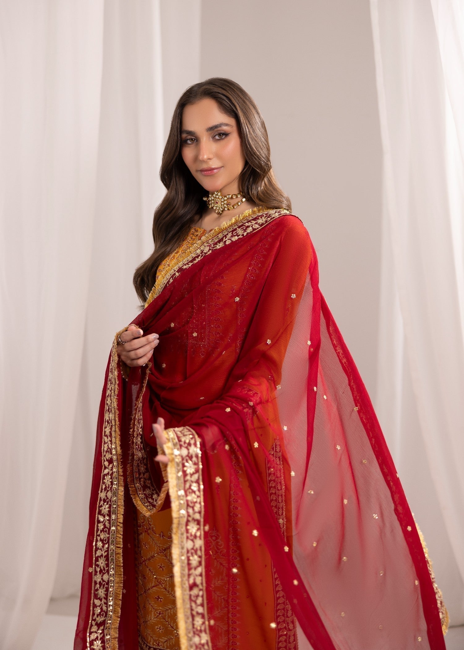 Maroon Mustard Embroidered Chiffon A-Line Kurta Set Online in Dubai UAE Abudhabi Ajman Sharjah
