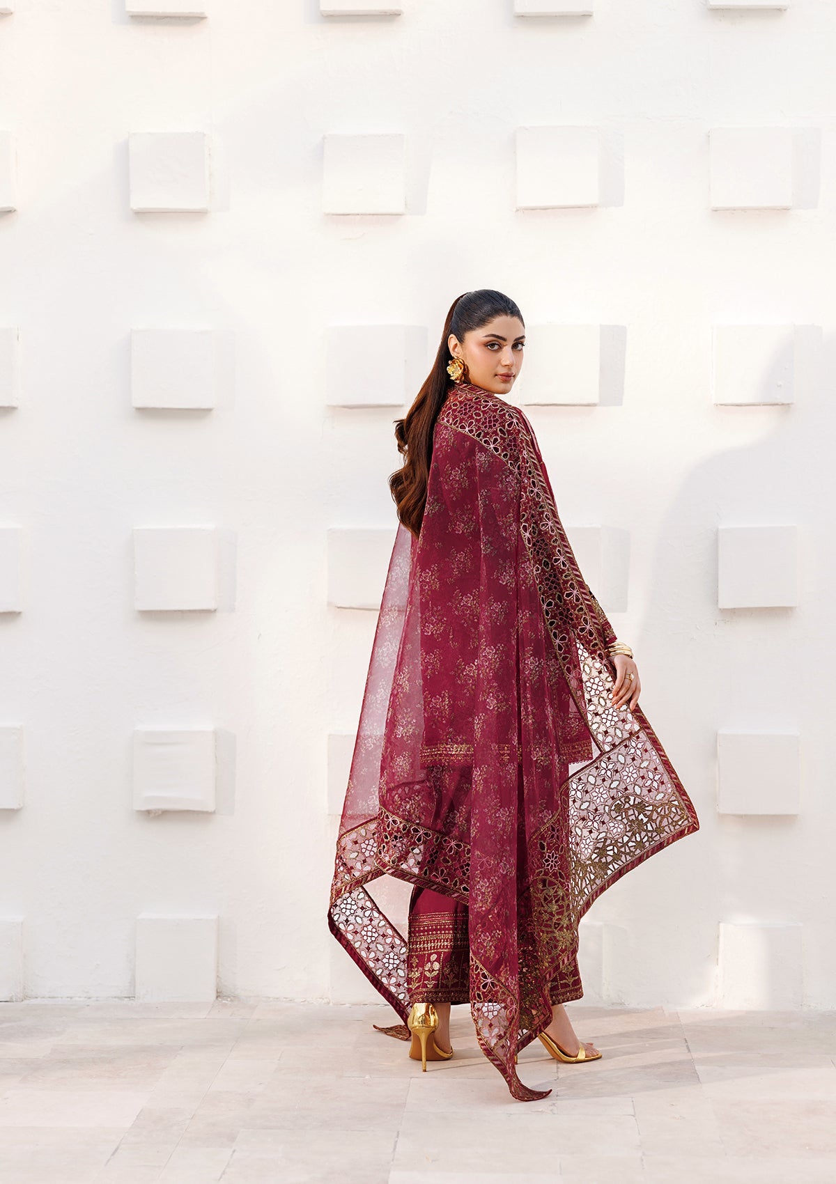 Maroon Organza Embroidered Ladies Suit Online in Dubai UAE Abudhabi Ajman Sharjah
