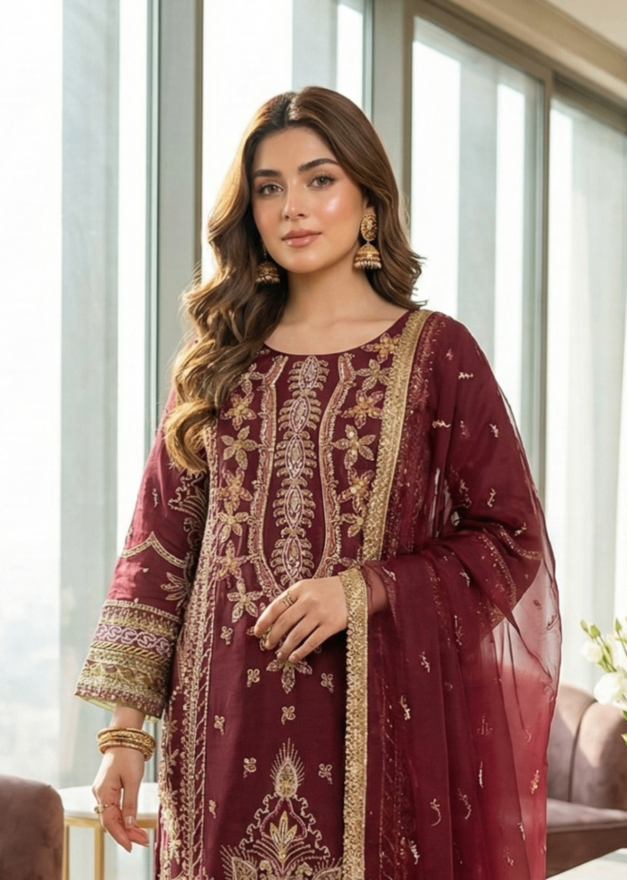 Maroon Organza Embroidered Pakistani Suit Online in Dubai DXB UAE Abudhabi Meena Bazaar