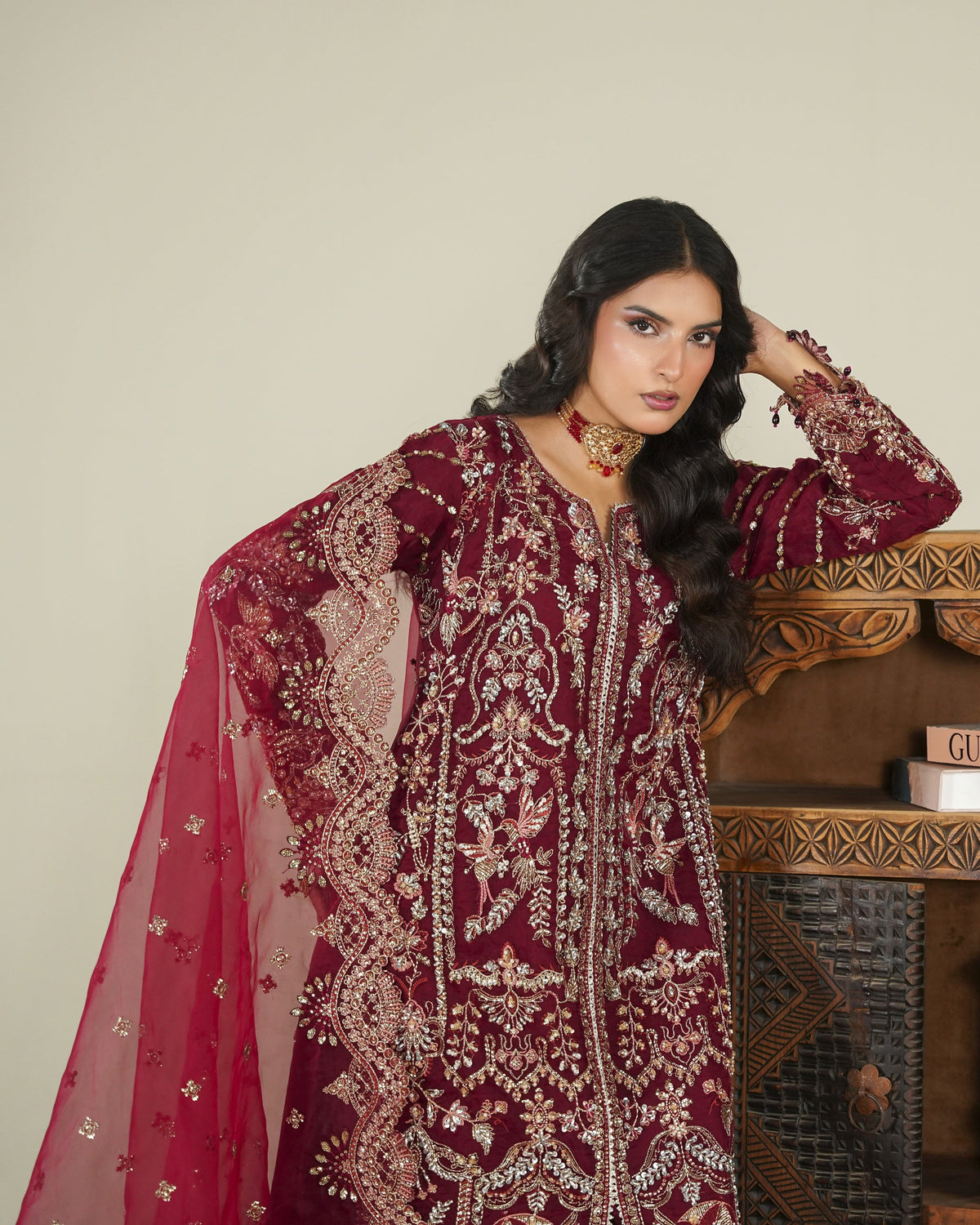 Maroon Organza Pakistani Designer Suit with Plazo Online in Dubai UAE Abudhabi Ajman Sharjah