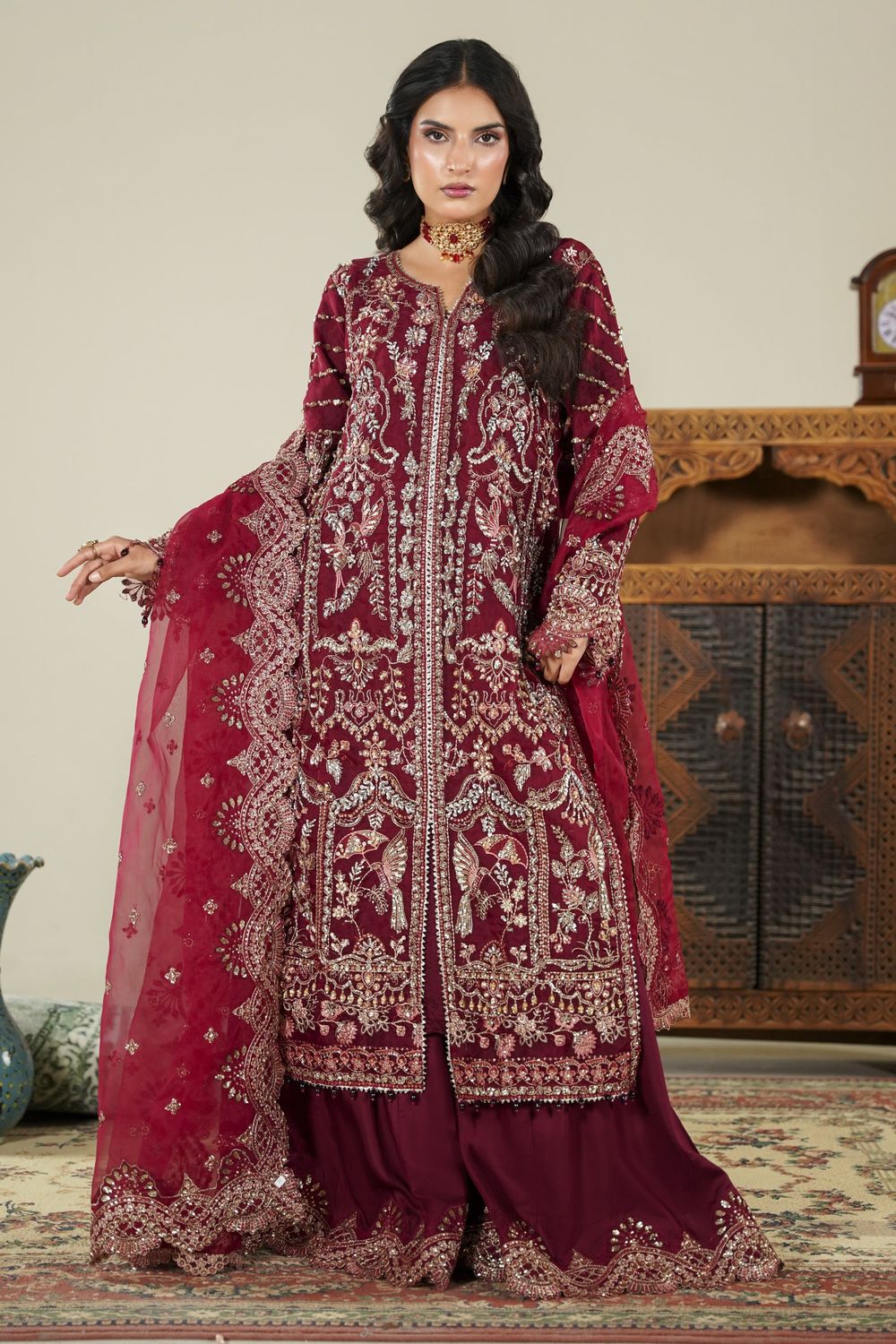Maroon Organza Pakistani Suit with Plazo Online in Dubai UAE Abudhabi Ajman Sharjah