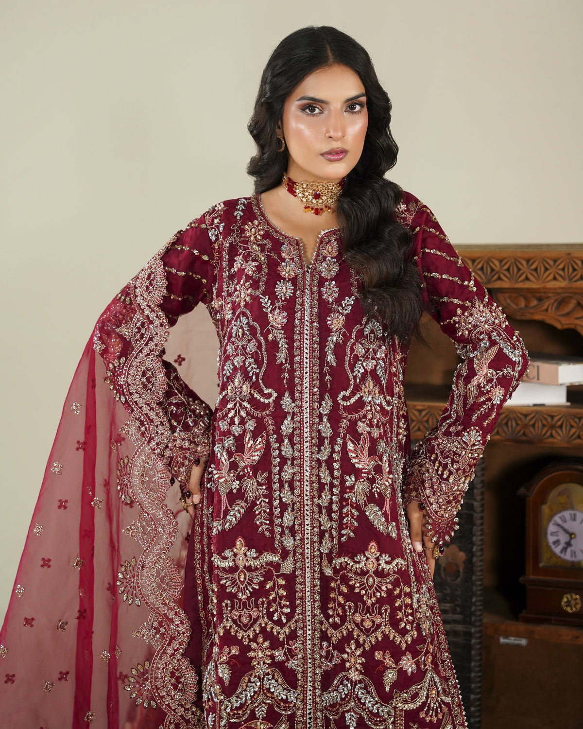 Maroon Organza Salwar Suit for Women Online in KSA Riyadh Saudi Arabia Oman Bahrain Qatar