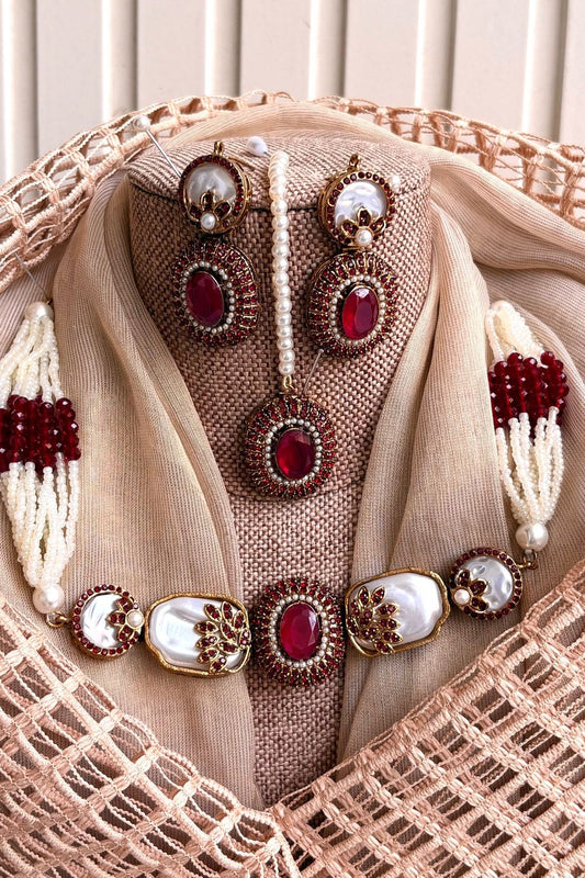Maroon Pearly Choker Jewellery Set Online in Dubai UAE Abudhabi Ajman Sharjah