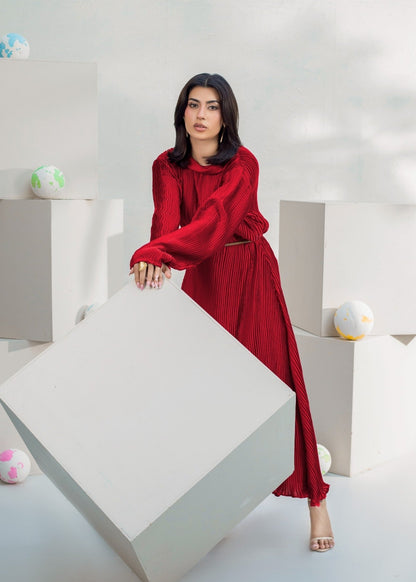 Maroon Pleated Silk Western Dress Set Online in Sri Lanka India Australia