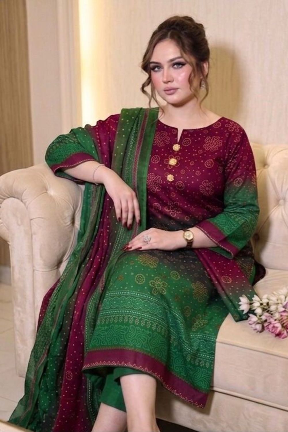 Maroon Printed Lawn Suit Online in Dubai UAE Abudhabi Ajman Sharjah