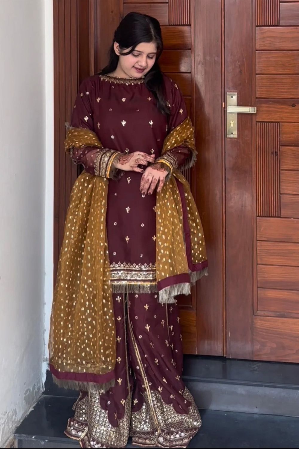 Maroon Raw Silk Embellished Sharara Suit Online in Dubai UAE Abudhabi Ajman Sharjah