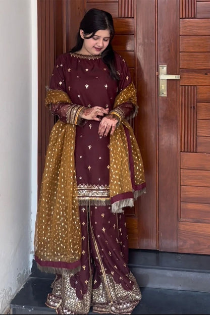 Maroon Raw Silk Embellished Sharara Suit Online in Dubai UAE Abudhabi Ajman Sharjah