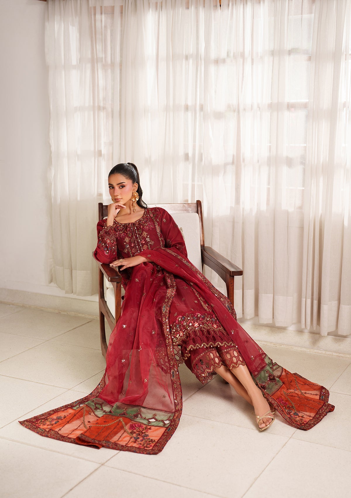 Maroon Raw Silk Trouser Organza Suit Online in Dubai UAE Abudhabi Ajman Sharjah