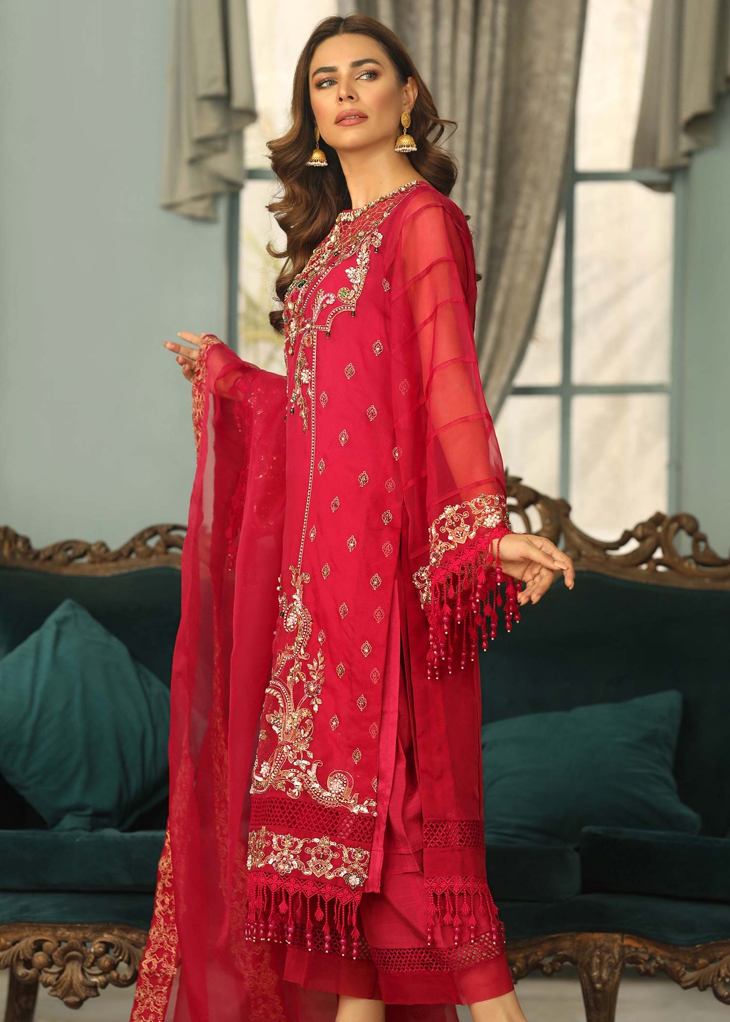Maroon Raw Silk Trouser Organza Suit Online in Sri Lanka India Australia