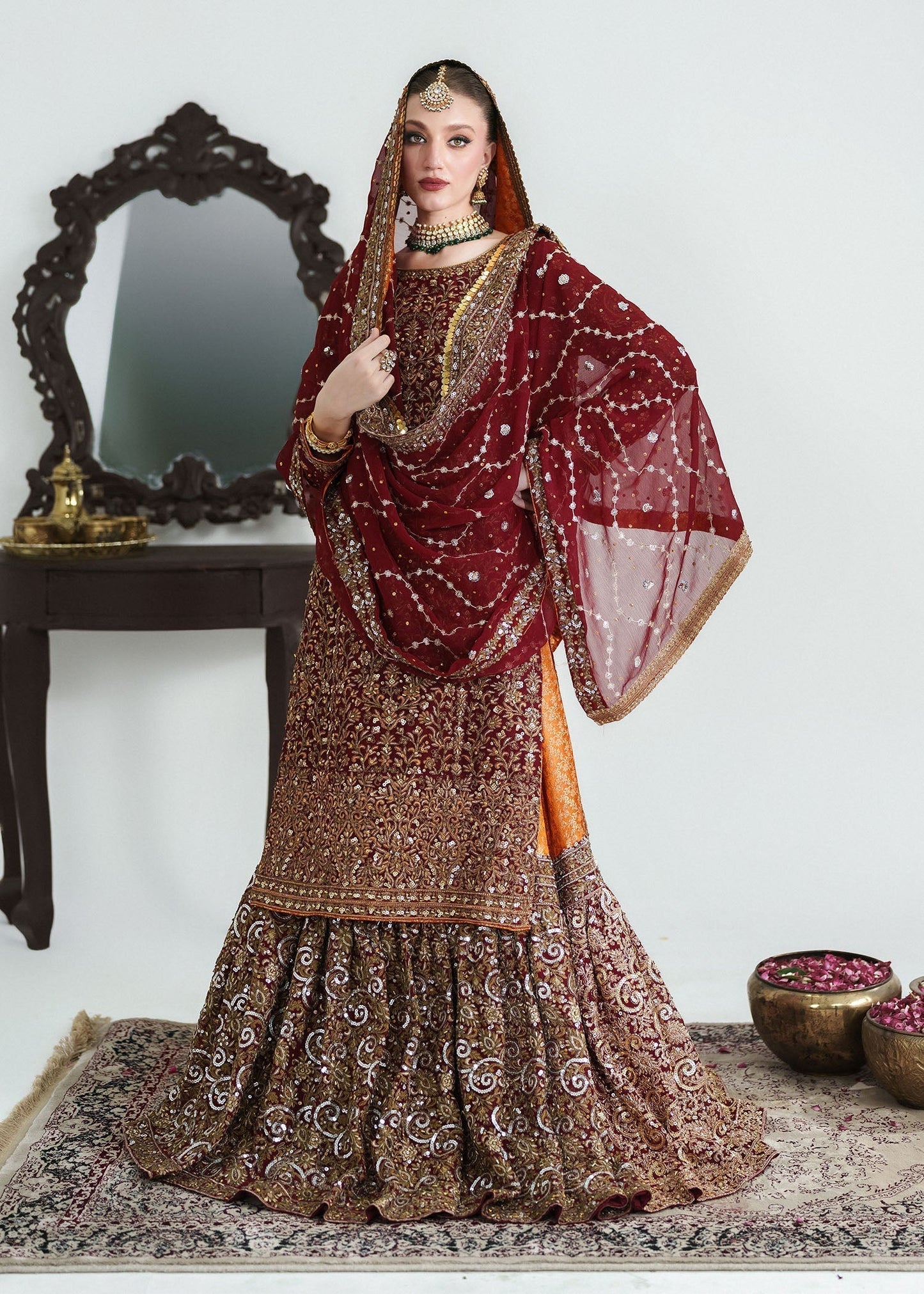 Maroon Red Embellished Chiffon Wedding Outfit Online in Dubai DXB UAE Abudhabi Meena Bazaar
