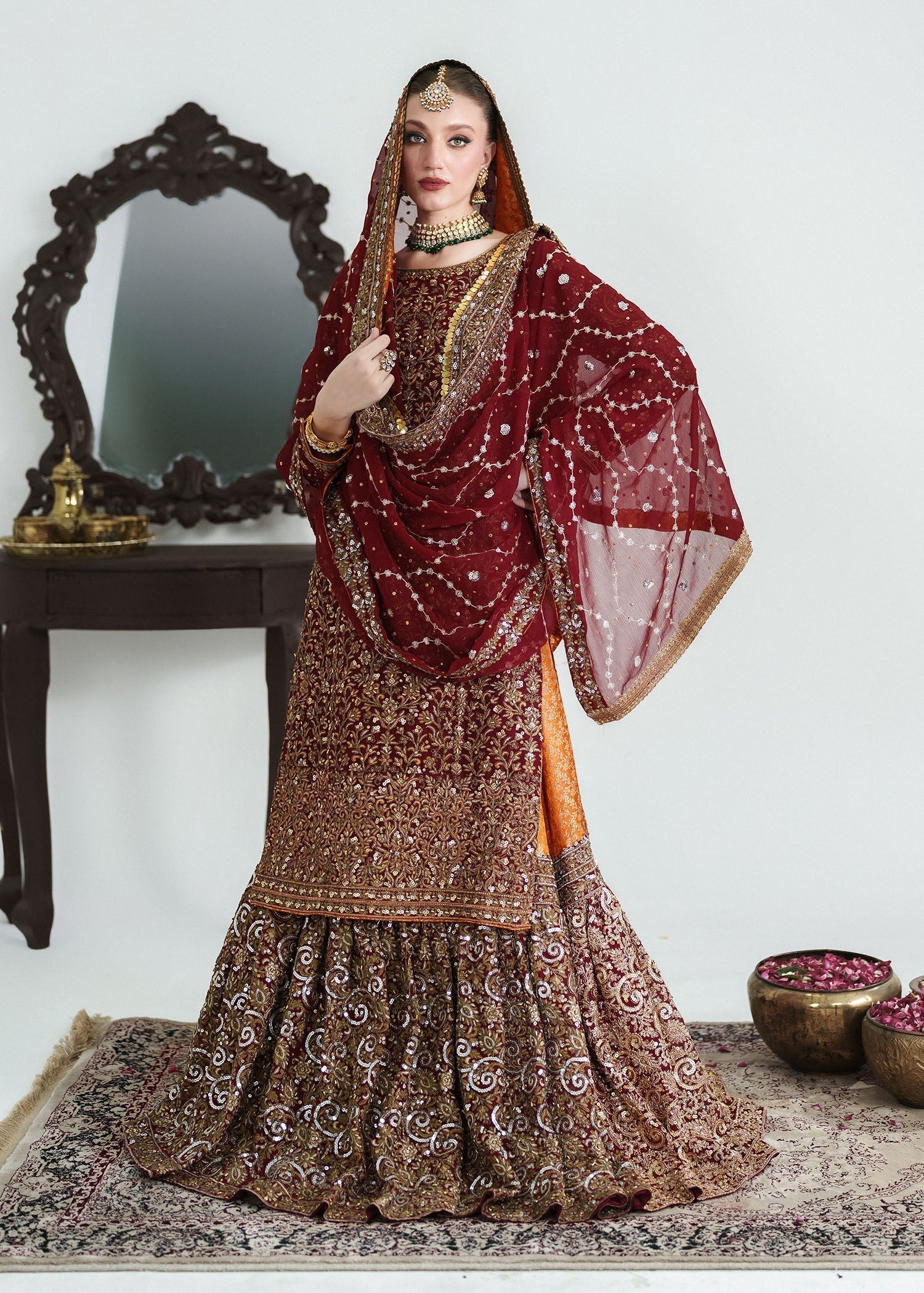 Maroon Red Embellished Chiffon Wedding Outfit Online in Dubai DXB UAE Abudhabi Meena Bazaar